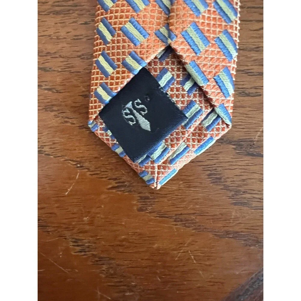 Shore & Singer Silk Tie, Orange Blue Geometric Men’s Necktie, Handmade Silk Busi